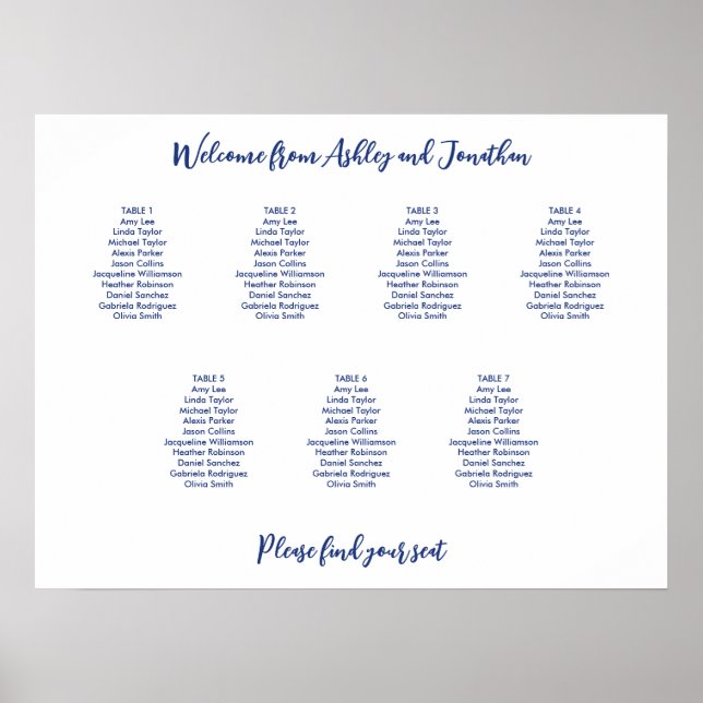 Simple 7 Table Dark Blue Seating Chart (Front)