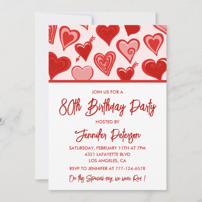 Simple 80th birthday invitations for her Hearts (Front)