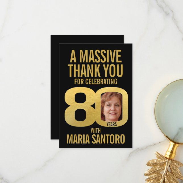 Simple 80th birthday photo black and gold  thank you card (Front/Back In Situ)