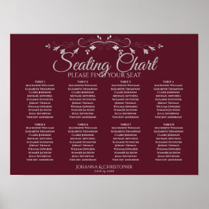 Simple 8 Table Burgundy Wedding Seating Chart
