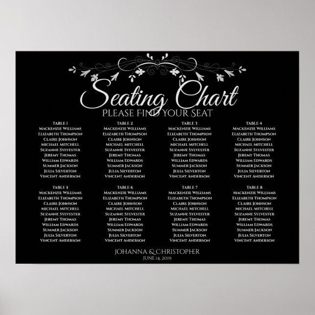 Simple 8 Table Grey on Black Wedding Seating Chart (Front)