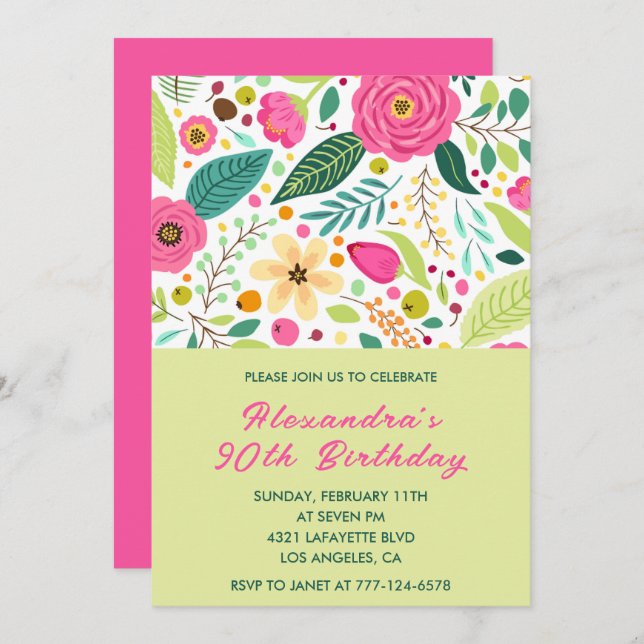 Simple 90th birthday invitations Floral Colourful  (Front/Back)