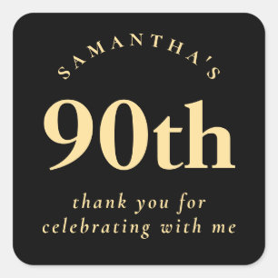 Simple 90th Party Black and Gold Thank You Square Sticker