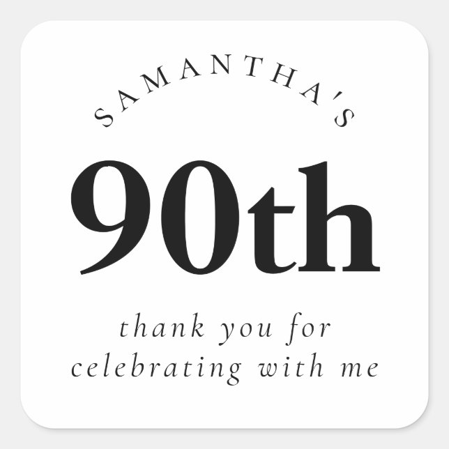 Simple 90th Party Black and White Thank You Square Sticker (Front)