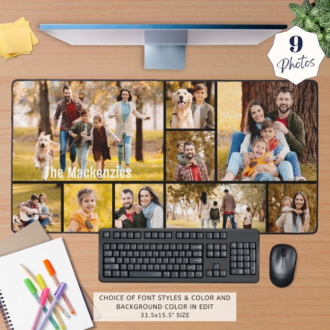 Simple 9 Photo Collage Custom Colour Personalised Desk Mat (Creator Uploaded)