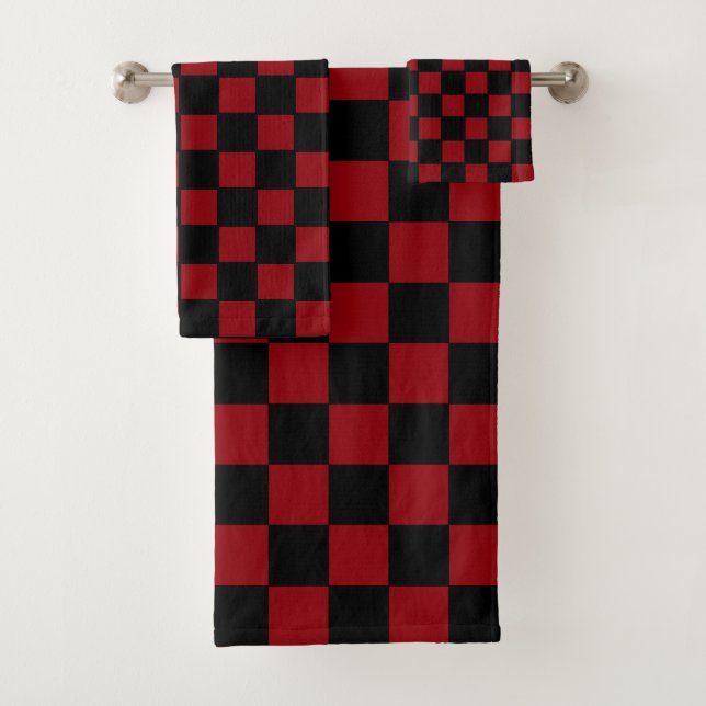 Simple Abstract Black & Maroon Chequered Bath Towel Set (Insitu)