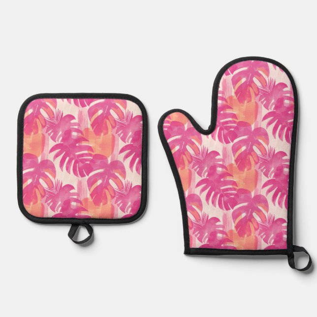 Simple abstract pattern with leaves of monstera, f oven mitt & pot holder set (Front)