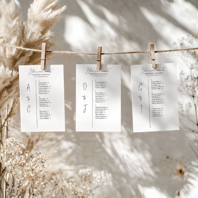 Simple Alphabetical Wedding Seating Chart Cards (Convenient and organized wedding seating chart with alphabetical name arrangement.)