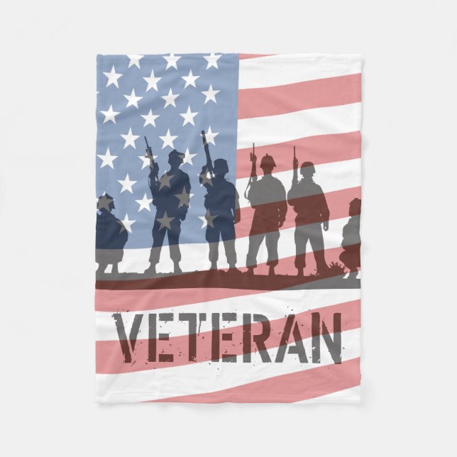 Simple American Flag and Soldiers - Veteran Fleece Blanket (Front)