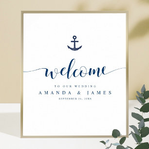 Simple Anchor Blue Boat Wedding Welcome Poster