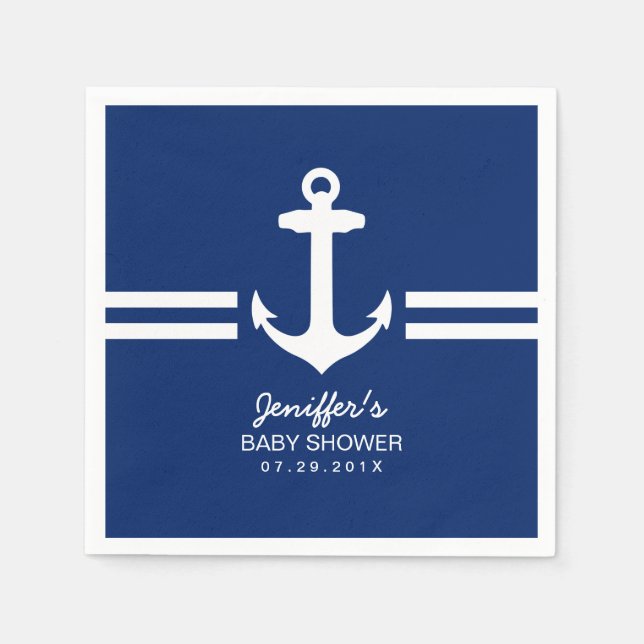 Simple Anchor Nautical Stripes Baby Shower Napkin (Front)