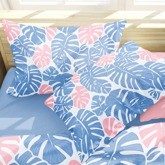 Simple and Abstract Mostera Pink and Blue Pattern Pillowcase (Introducing a modern and abstract pillow case featuring a bold botanical leave pattern.)