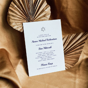 Simple and Bold   White and Dark Blue Bar Mitzvah Invitation