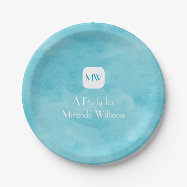 Simple and Chic Aqua Turquoise Monogram With Name Paper Plate (Front)