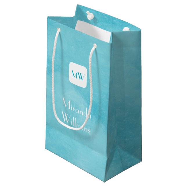 Simple and Chic Aqua Turquoise Monogram With Name Small Gift Bag (Front Angled)