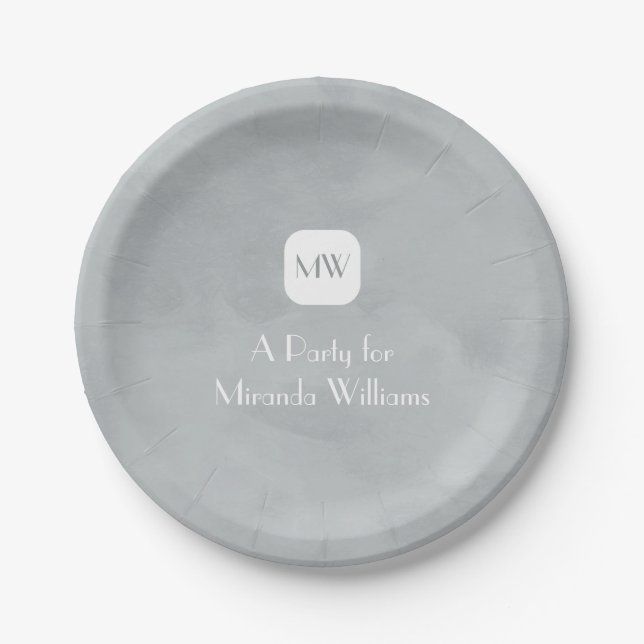 Simple and Chic Grey Grey Monogram With Name Paper Plate (Front)