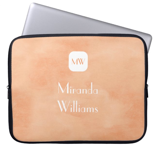 Simple and Chic Peach Orange Monogram With Name Laptop Sleeve (Front)