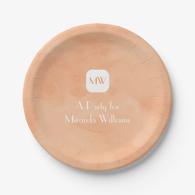 Simple and Chic Peach Orange Monogram With Name Paper Plate (Front)