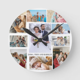 Simple and Chic Photo Collage   Wedding and family Round Clock