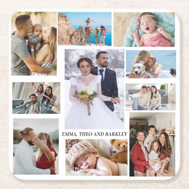 Simple and Chic Photo Collage | Wedding and family Square Paper Coaster (Front)