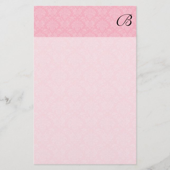 Simple and Classic Pink Damask with Black Monogram Stationery (Front)