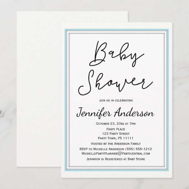 Simple and Clean Blue White Black Baby Shower Invitation (Front/Back)