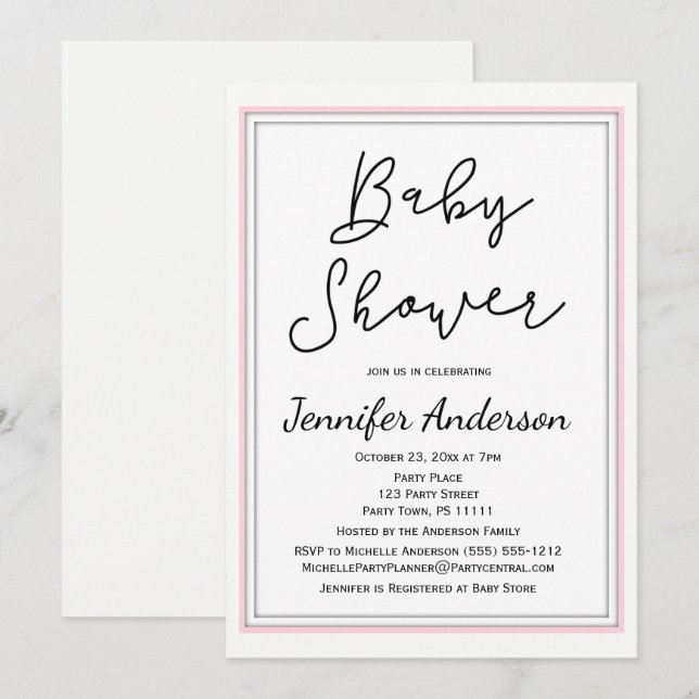 Simple and Clean Pink White Black Baby Shower Invitation (Front/Back)