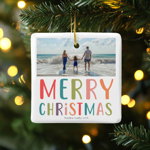 Simple and Colourful Merry Christmas Family Photo Ceramic Ornament
