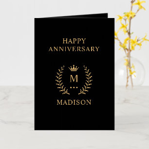 Simple And Elegant Black Gold Monogram Anniversary Foil Greeting Card