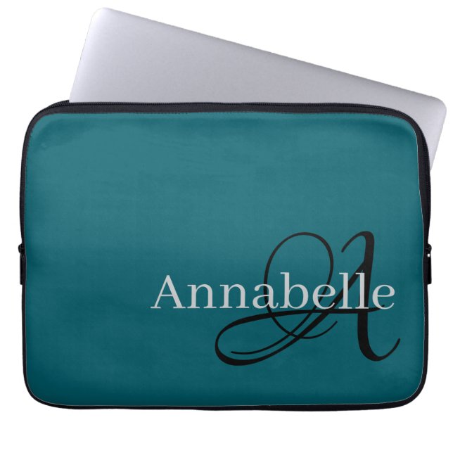 Simple and Elegant Blue monogram and name Laptop Sleeve (Front)