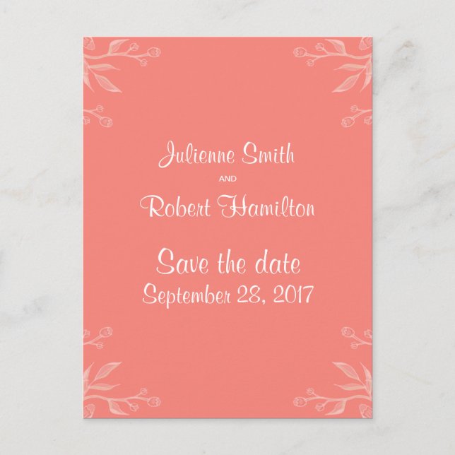 Simple and Elegant Coral Pink Save the Date Announcement Postcard (Front)