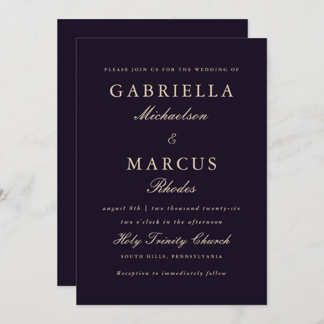 Simple and Elegant Deepest Violet Wedding Invitation (Front/Back)