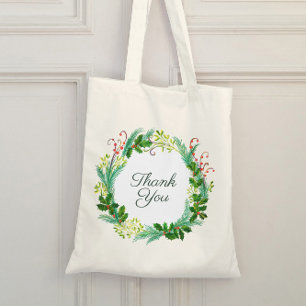 Simple and elegant holly mistletoe wreath green tote bag