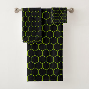 Simple And Elegant Honeycomb Pattern Black & Green Bath Towel Set