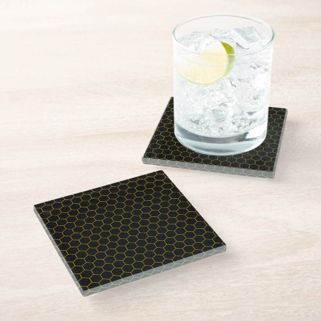 Simple and elegant honeycomb pattern black yellow glass coaster (Angled)