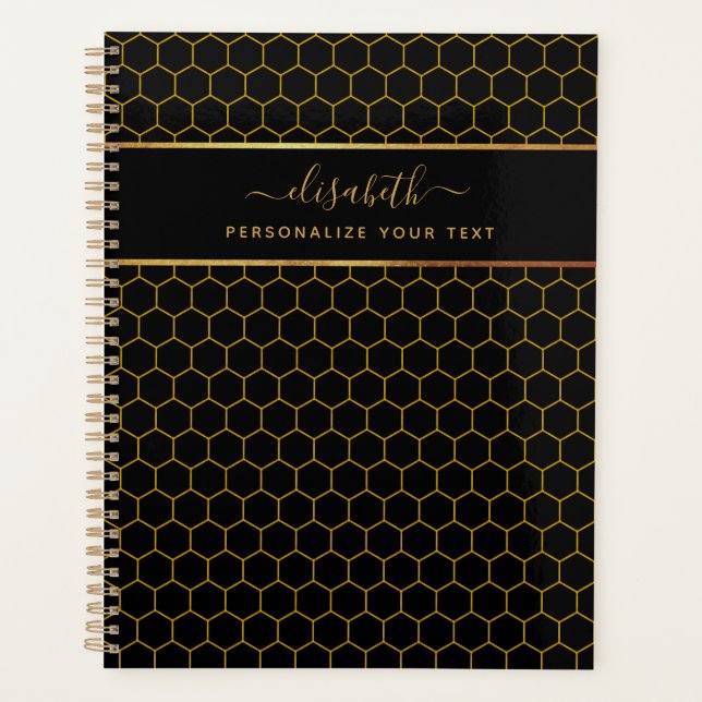 Simple and elegant honeycomb pattern black yellow  planner (Front)