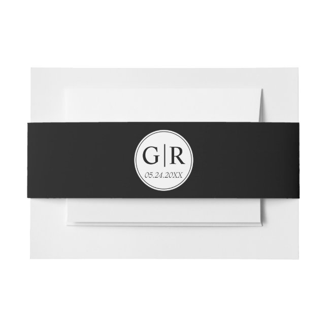 Simple and elegant initials black wedding invitation belly band (Front Example)