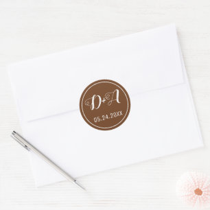 Simple and elegant initials brown wedding classic round sticker