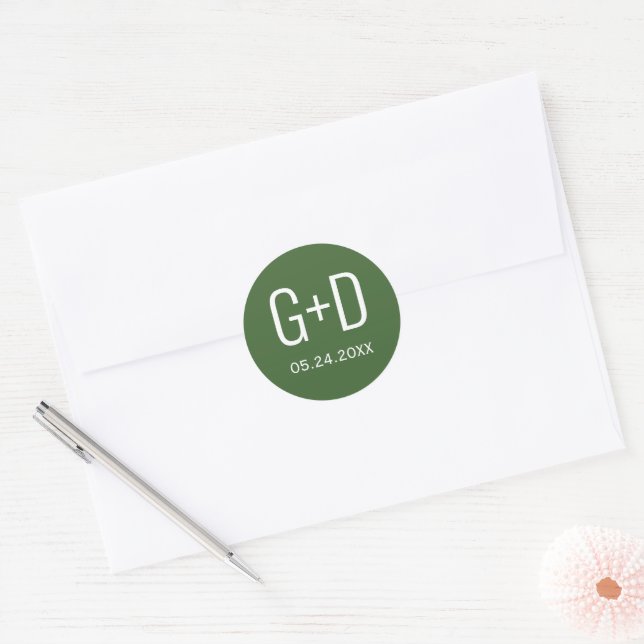 Simple and elegant initials moss green wedding classic round sticker (Envelope)