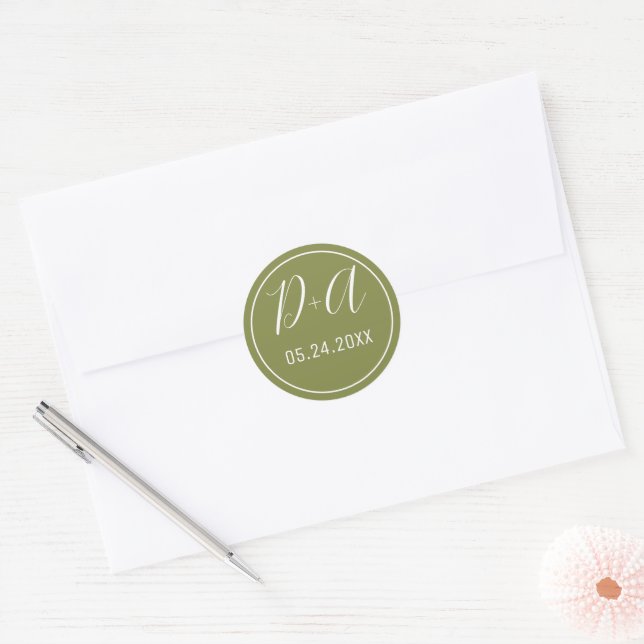Simple and elegant initials olive green wedding classic round sticker (Envelope)