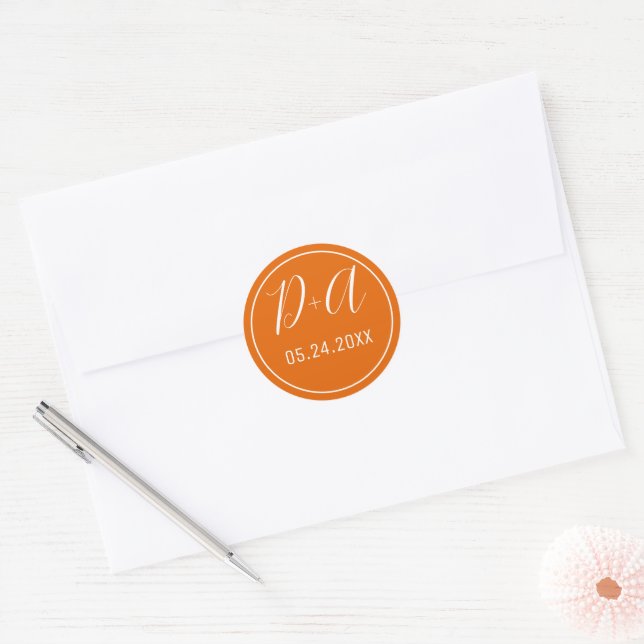 Simple and elegant initials orange wedding classic round sticker (Envelope)