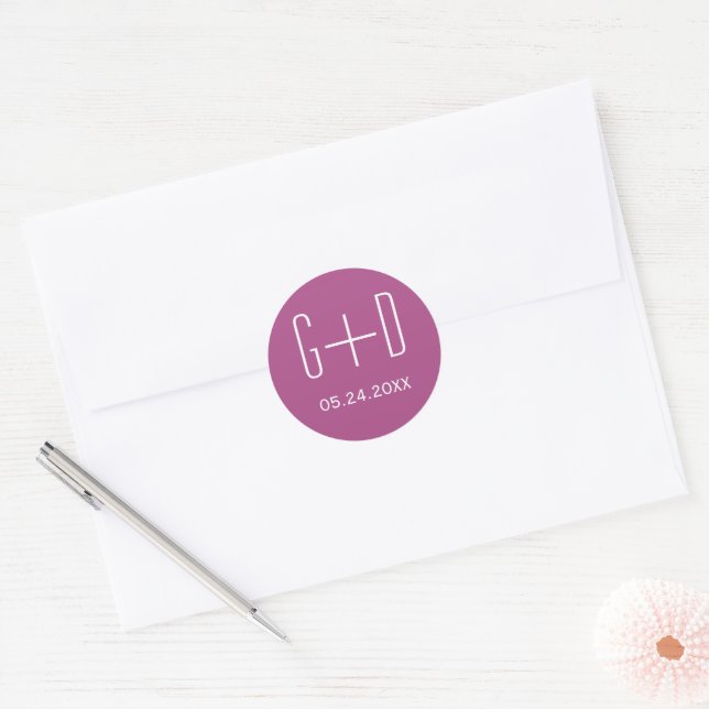 Simple and elegant initials purple wedding classic round sticker (Envelope)