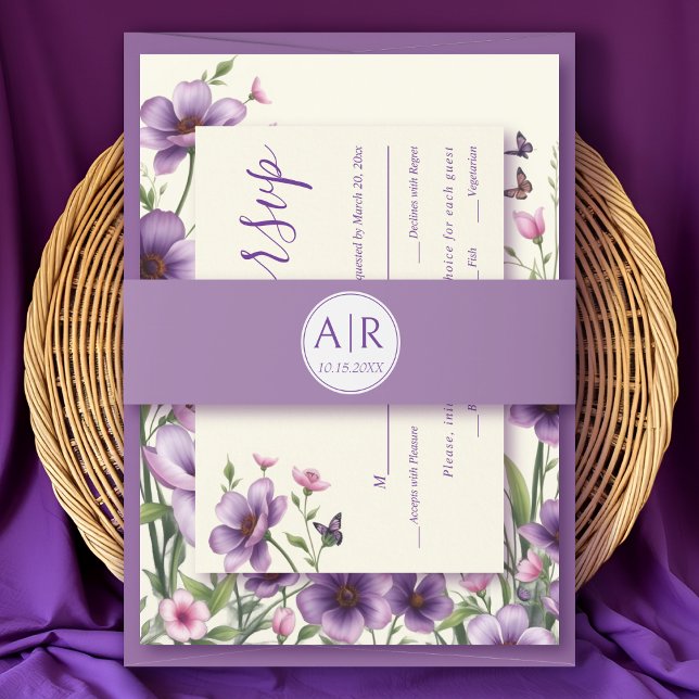 Simple and elegant initials purple wedding invitation belly band (Creator Uploaded)