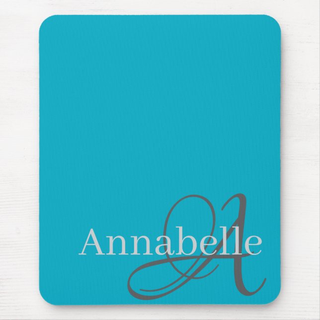 Simple and Elegant light blue Monogram and Name  Mouse Mat (Front)