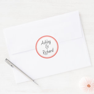 Simple and elegant names living coral wedding classic round sticker