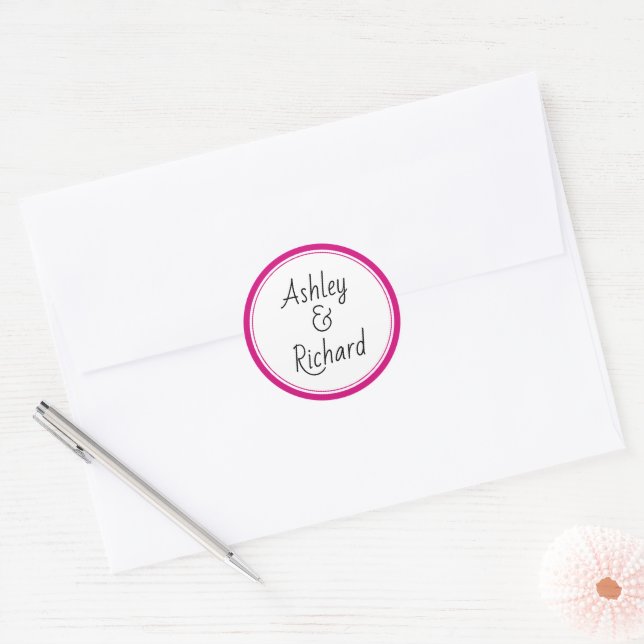 Simple and elegant names magenta pink wedding classic round sticker (Envelope)