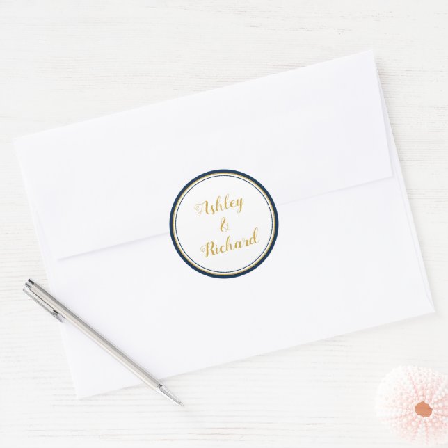 Simple and elegant names navy blue wedding classic round sticker (Envelope)