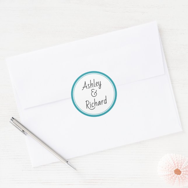 Simple and elegant names teal wedding classic round sticker (Envelope)