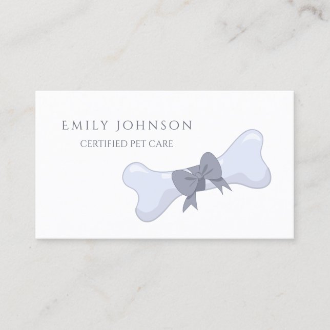 Simple and Elegant Pet Care Grey Bone and Bow Business Card (Front)