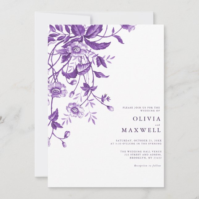 Simple And Elegant Purple Boho Floral Wedding  Invitation (Front)